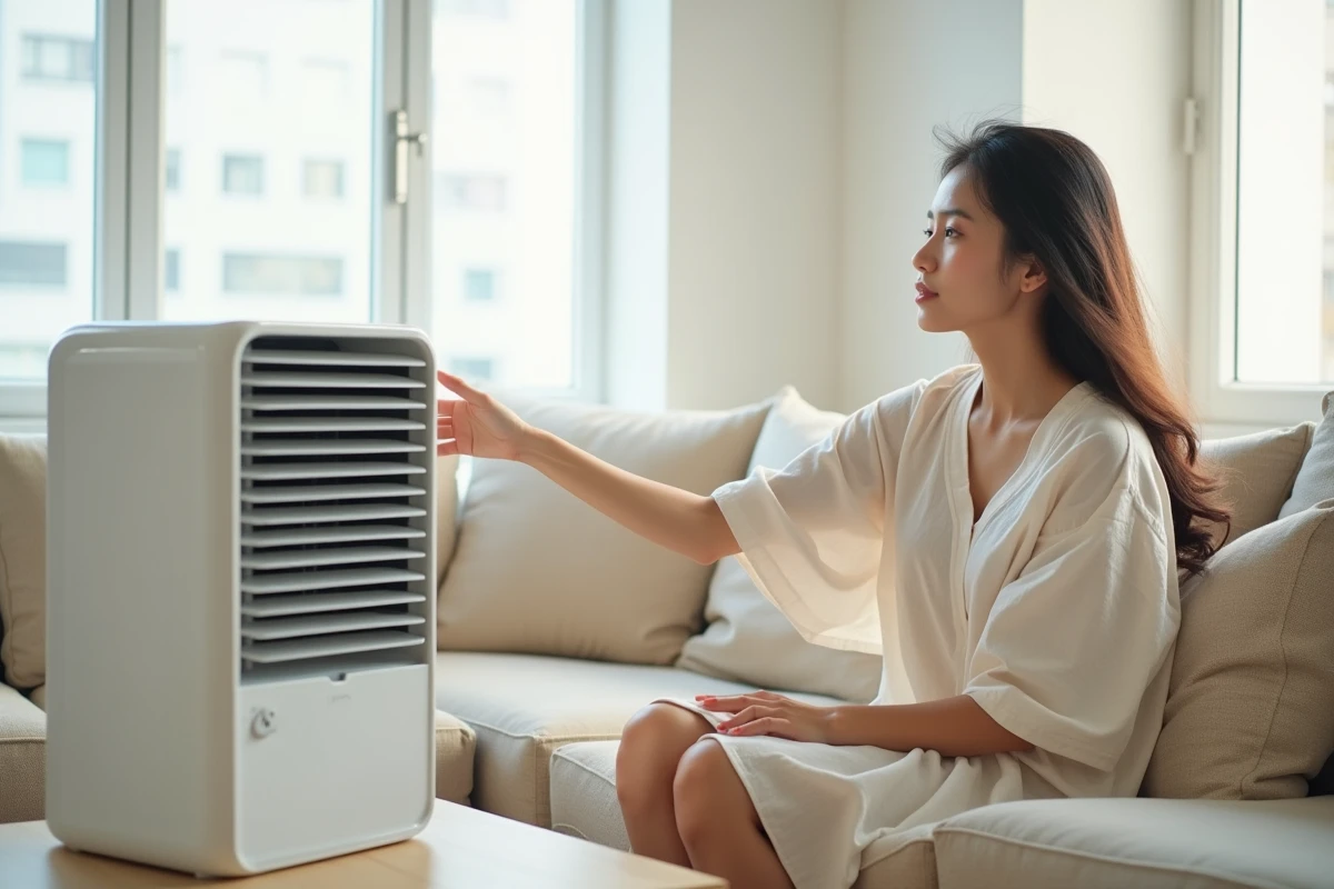 Femme utilisant un rafraîchisseur d'air portable en été dans son appartement