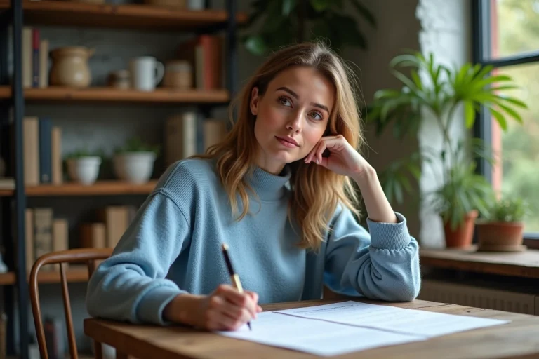 Femme pensant à un test de personnalité dans un salon cosy