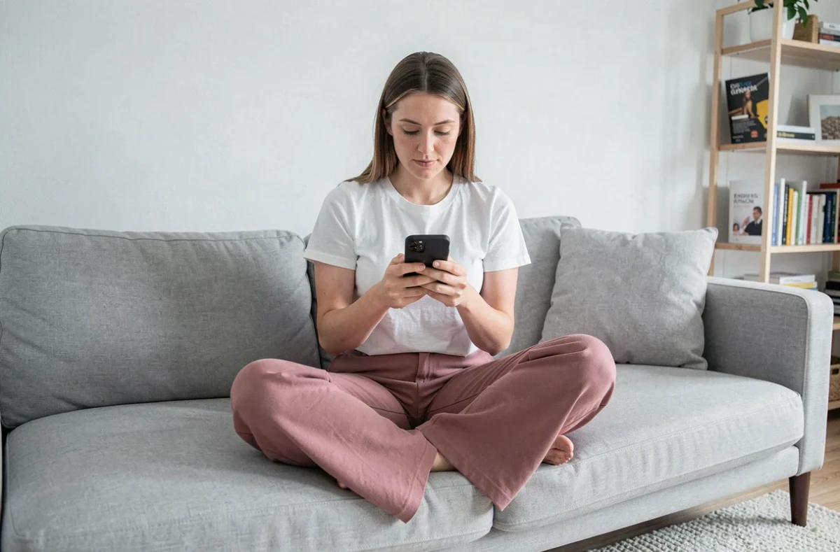Femme consultant une plateforme en ligne sur son smartphone depuis son salon, symbolisant la recherche d'informations légales sur la vente de contenu personnel sur internet en France