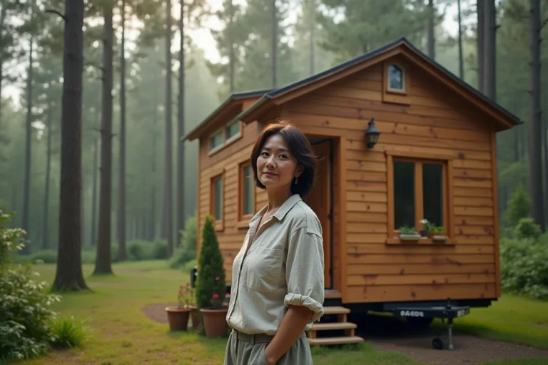 Femme devant une tiny house en bois au milieu des arbres, illustrant le mode de vie en maison alternative sur roues