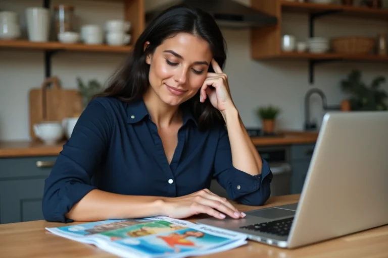 Femme avec vouchers de voyage et ordinateur dans la cuisine