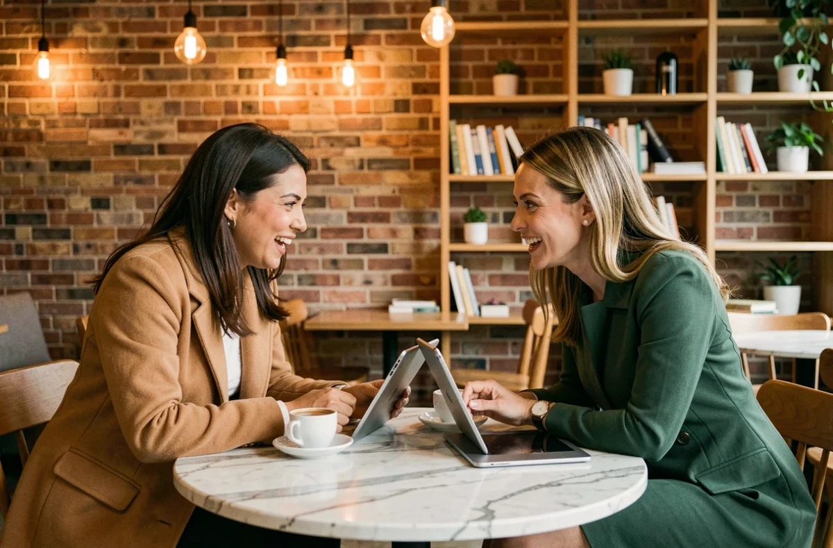 Deux femmes entrepreneures discutant de stratégie entrepreneuriale autour d'un café dans un espace de coworking tendance