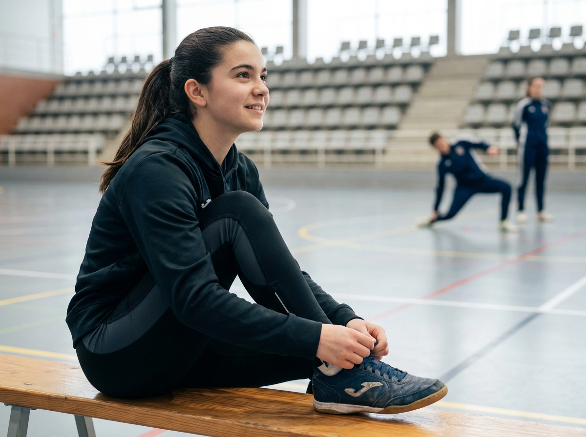 Fille de 16 ans nouant ses chaussures de futsal sur le bord du terrain