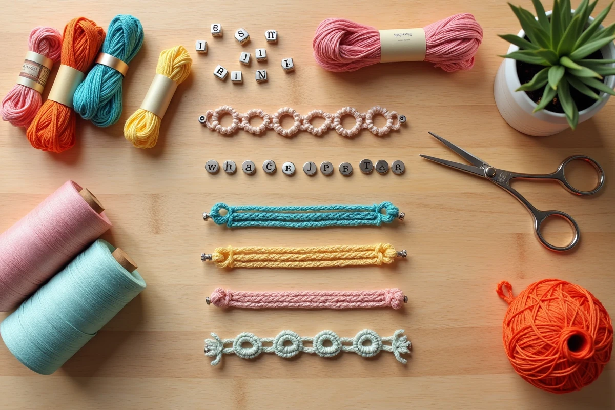 Flat lay de kits bracelets DIY avec fils colorés, breloques et perles lettres sur table en bois