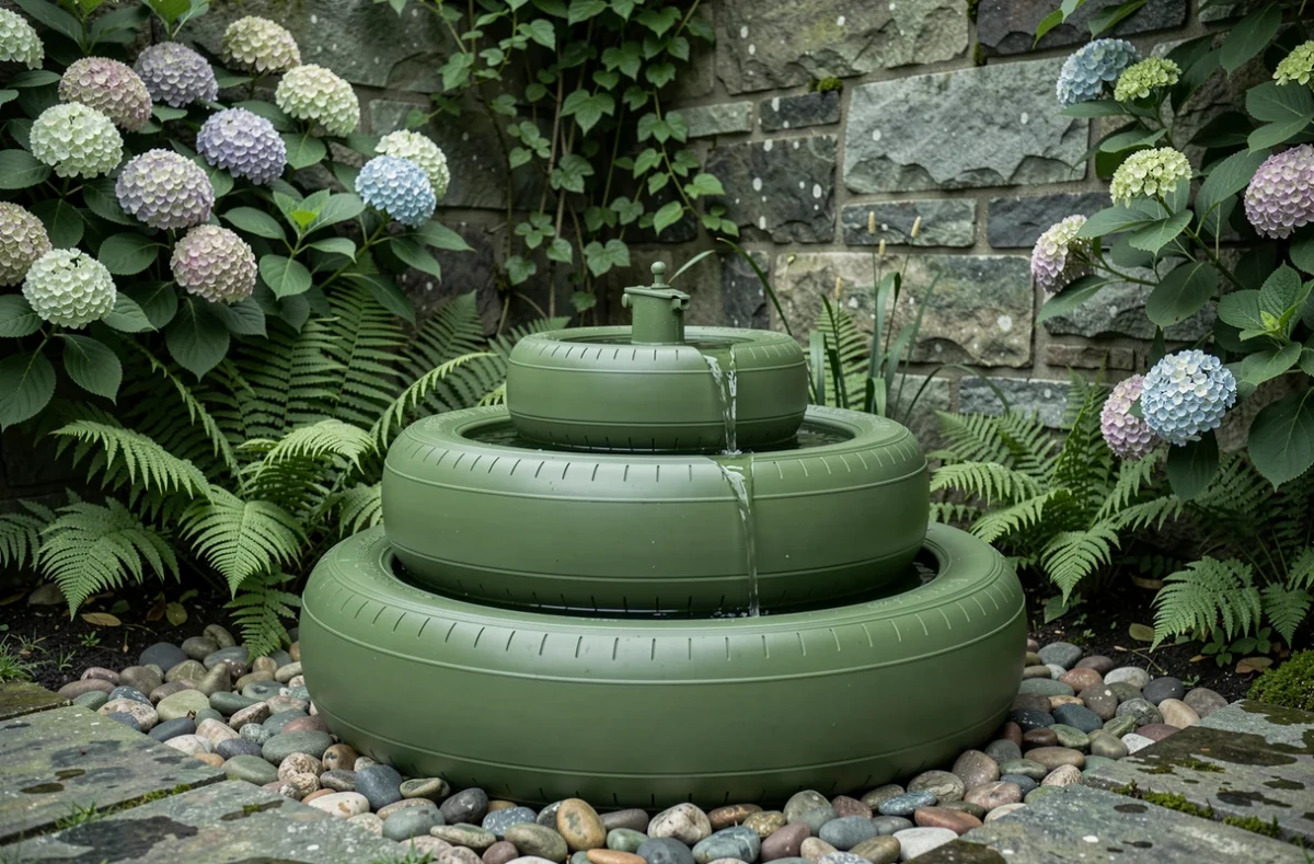 Fontaine décorative à étages réalisée avec trois pneus de tailles décroissantes empilés et peints en vert mousse, avec de l'eau cascadant de pneu en pneu dans un jardin ombragé.