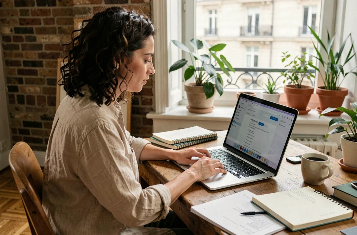 Femme se formant aux métiers du digital depuis son appartement parisien avec un laptop et des notes de cours