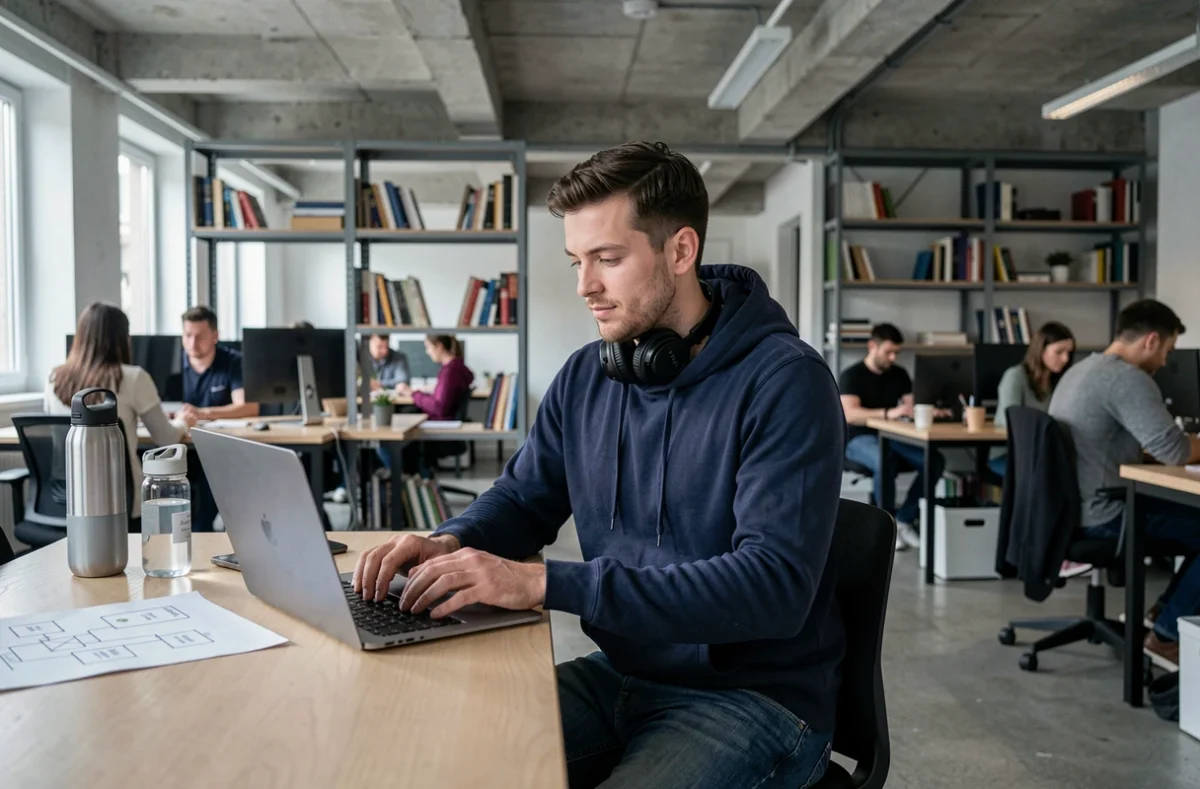Jeune homme suivant une formation digitale dans un espace de coworking parisien moderne