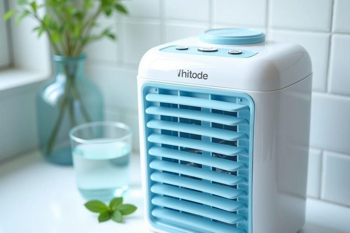 Gros plan sur la grille et le réservoir d'eau du rafraîchisseur d'air OneConcept Caribbean Blue