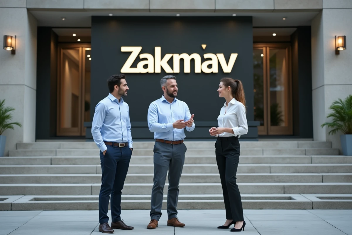 Groupe de professionnels devant nouveau logo Zakmav