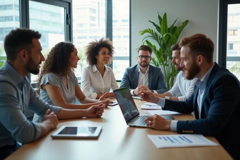 Groupe de professionnels en réunion dans un bureau moderne