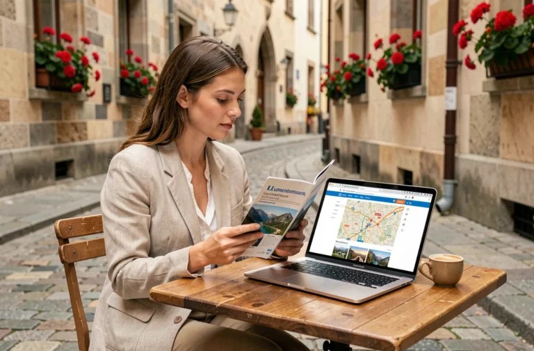 Femme consultant un guide de voyage luxembourgeois en ligne sur un laptop dans un café en plein air à Luxembourg-Ville
