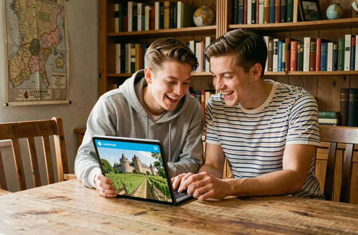 Couple planifiant un voyage au Luxembourg en consultant un guide de voyage en ligne sur tablette dans un intérieur cosy