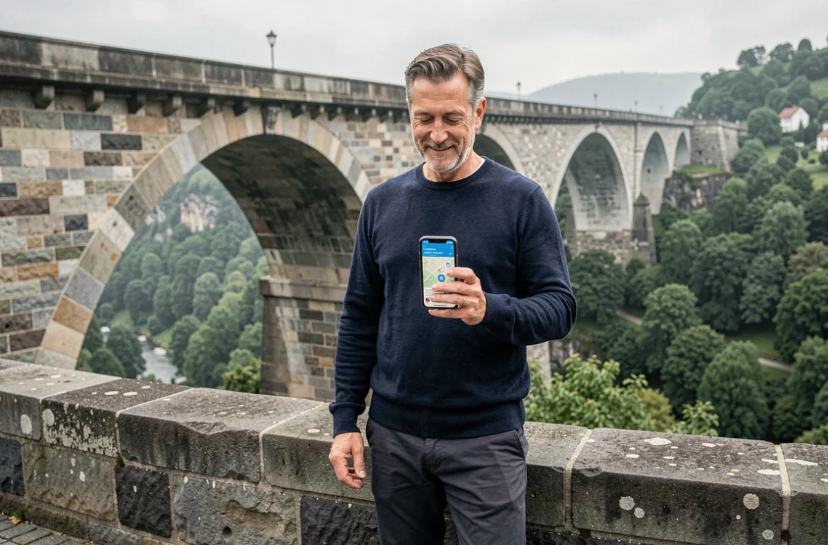 Touriste masculin utilisant une application de guide de voyage luxembourgeois sur smartphone devant le Pont Adolphe à Luxembourg