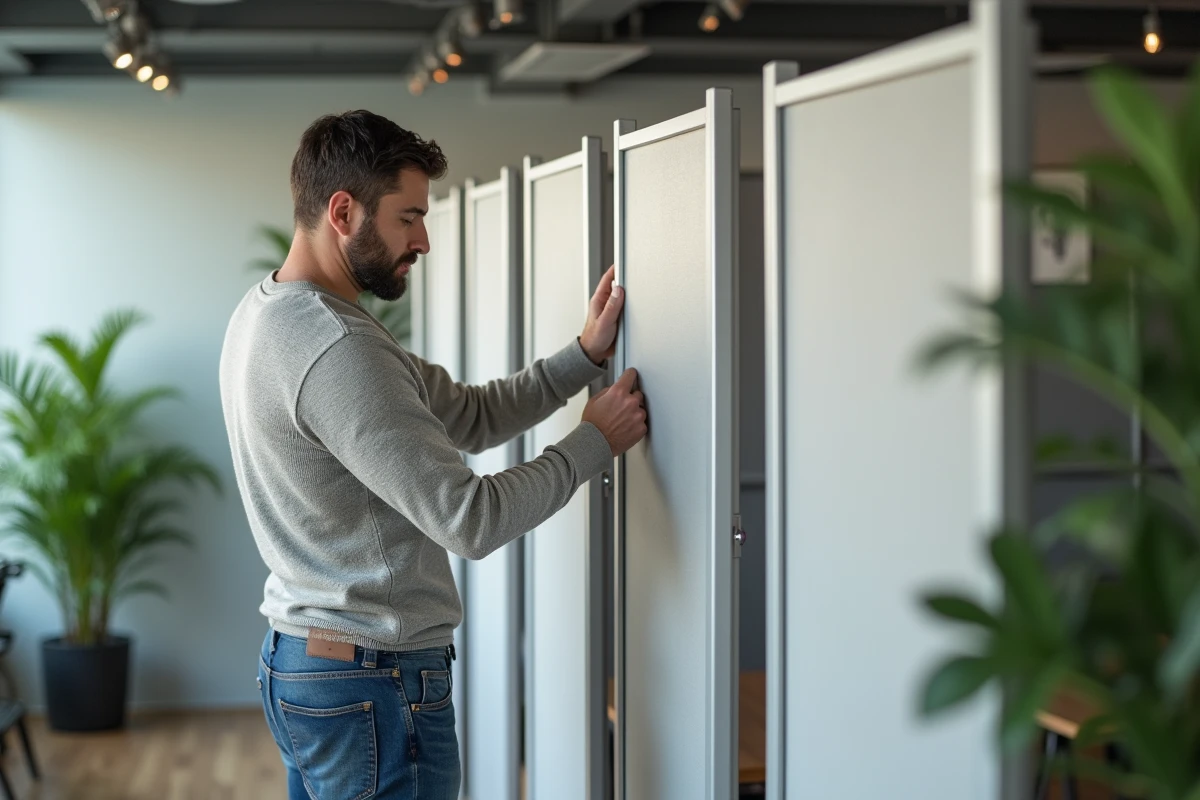 Homme ajustant une cloison portable dans un bureau moderne