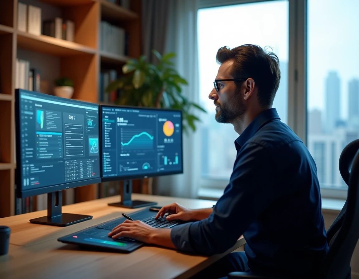 Homme travaillant sur une configuration multi-écrans high-tech dans un bureau à domicile connecté, illustrant les innovations technologiques actuelles
