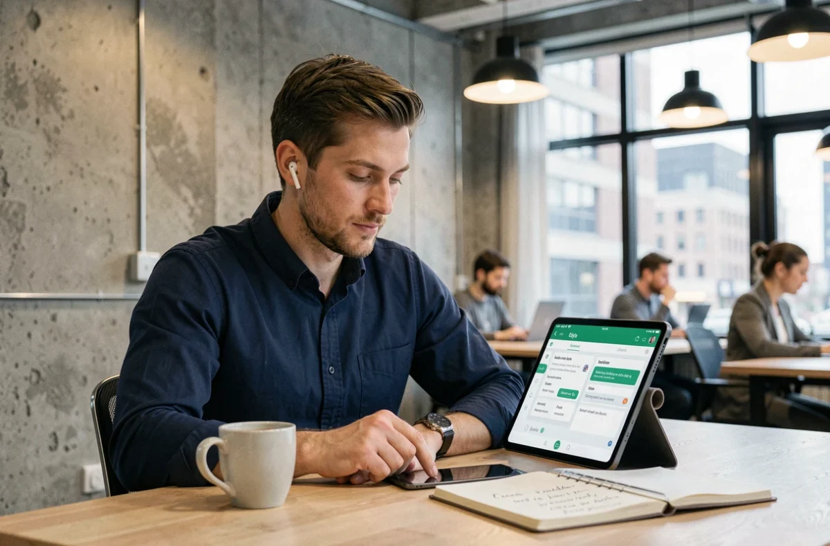 Homme adulte étudiant l'anglais sur une tablette dans un espace de coworking moderne