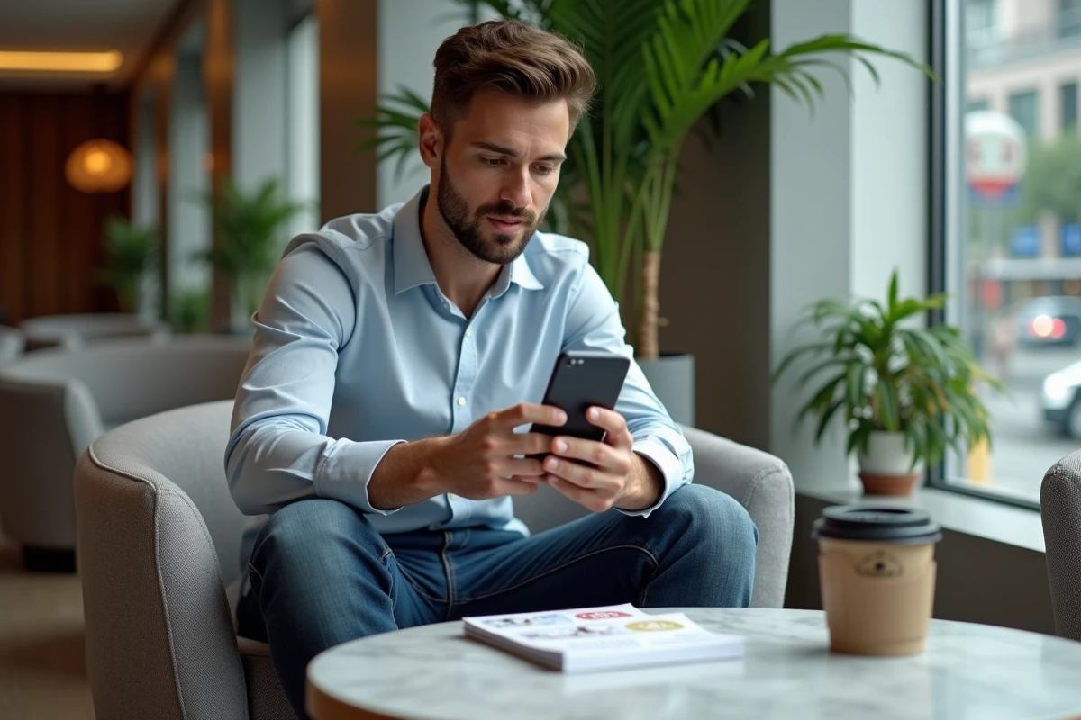 Jeune homme utilisant son smartphone pour réserver un voyage