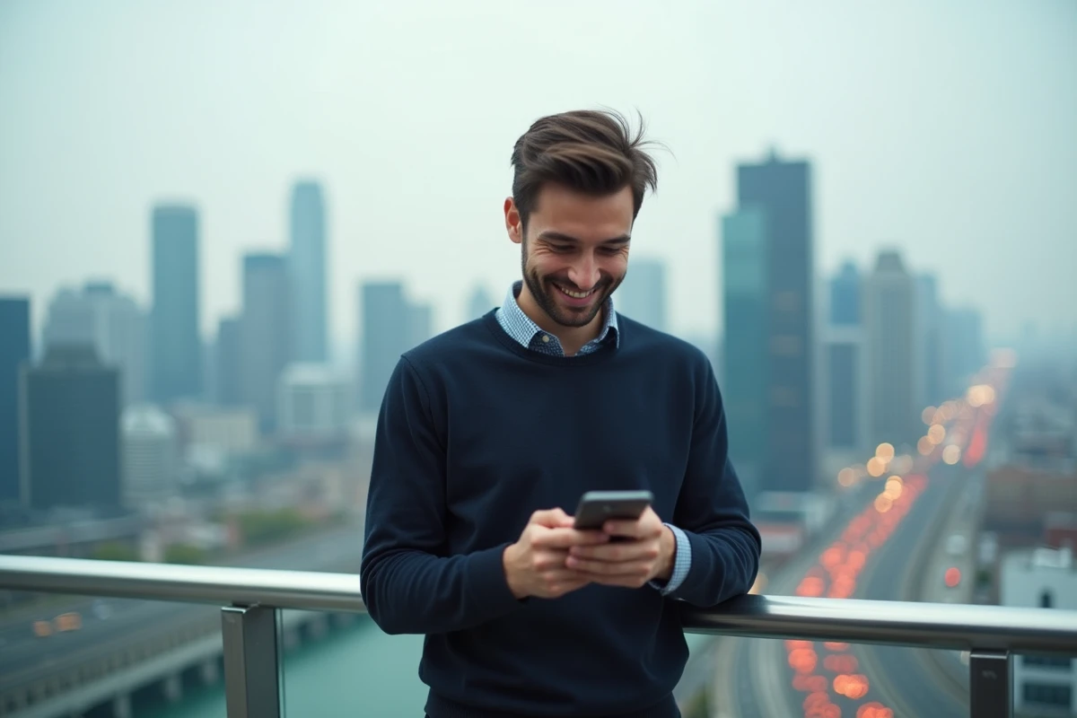 Homme souriant analysant ses données sur un smartphone sur un toit urbain