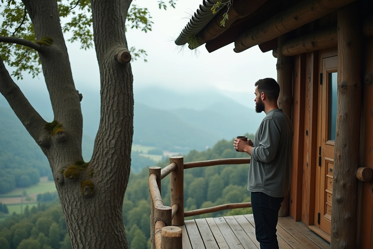 Homme sur la terrasse d'une cabane dans les arbres en bois regardant une vallée boisée brumeuse, inspiration maison alternative en pleine nature