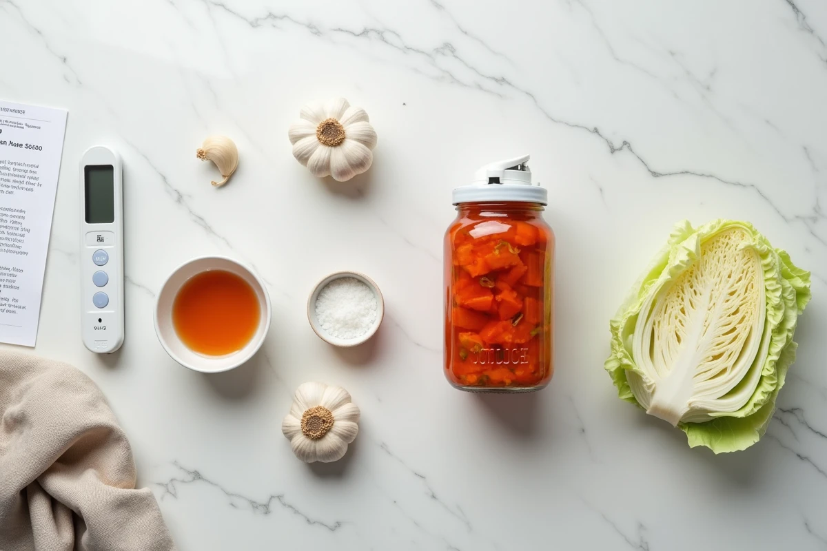 Vue aérienne des ingrédients et outils pour une fermentation de kimchi sécurisée incluant bocal avec valve, bandes pH, sel et chou sur un plan de travail en marbre