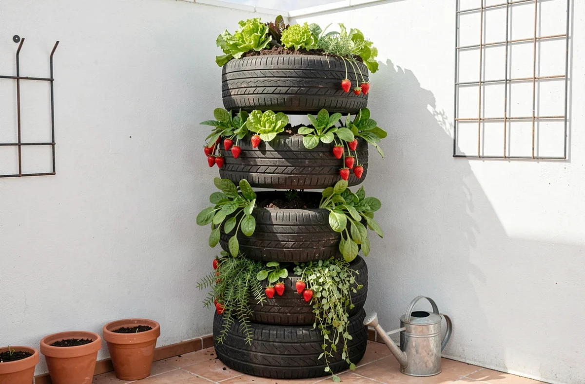 Jardin potager vertical en tour composée de six pneus empilés sur une terrasse, chaque pneu planté de légumes variés comme la laitue, les fraisiers et les herbes aromatiques.