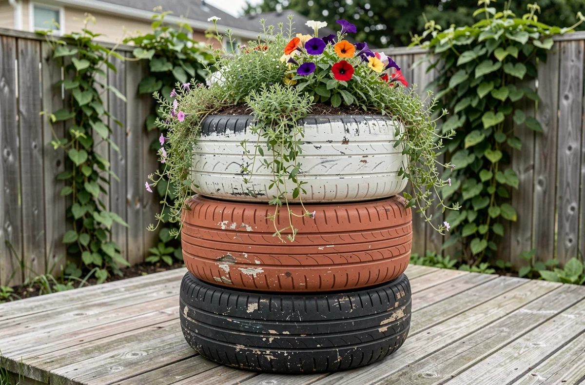 Jardinière surélevée fabriquée en empilant trois pneus peints en blanc et terracotta, débordant de plantes et de pétunias colorés sur une terrasse en bois.