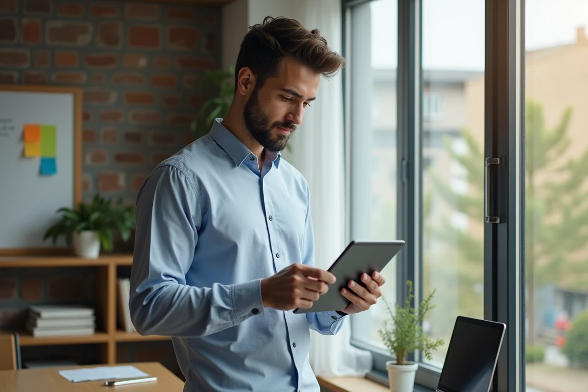Jeune entrepreneur étudiant un cours en ligne chez lui