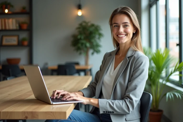 Jeune femme professionnelle travaillant sur son ordinateur dans un espace coworking lumineux