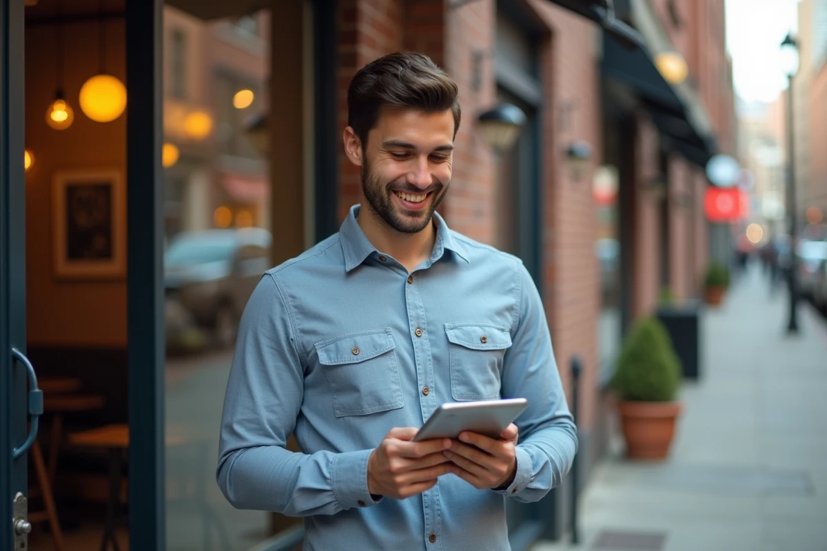 Jeune homme vérifiant ses analyses sur une tablette dehors