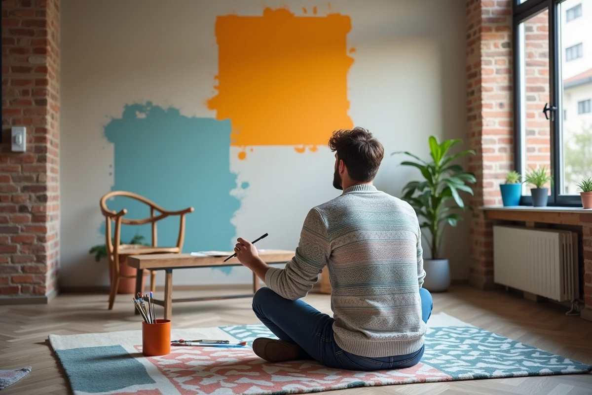 Jeune homme peignant un mur géométrique dans un appartement moderne