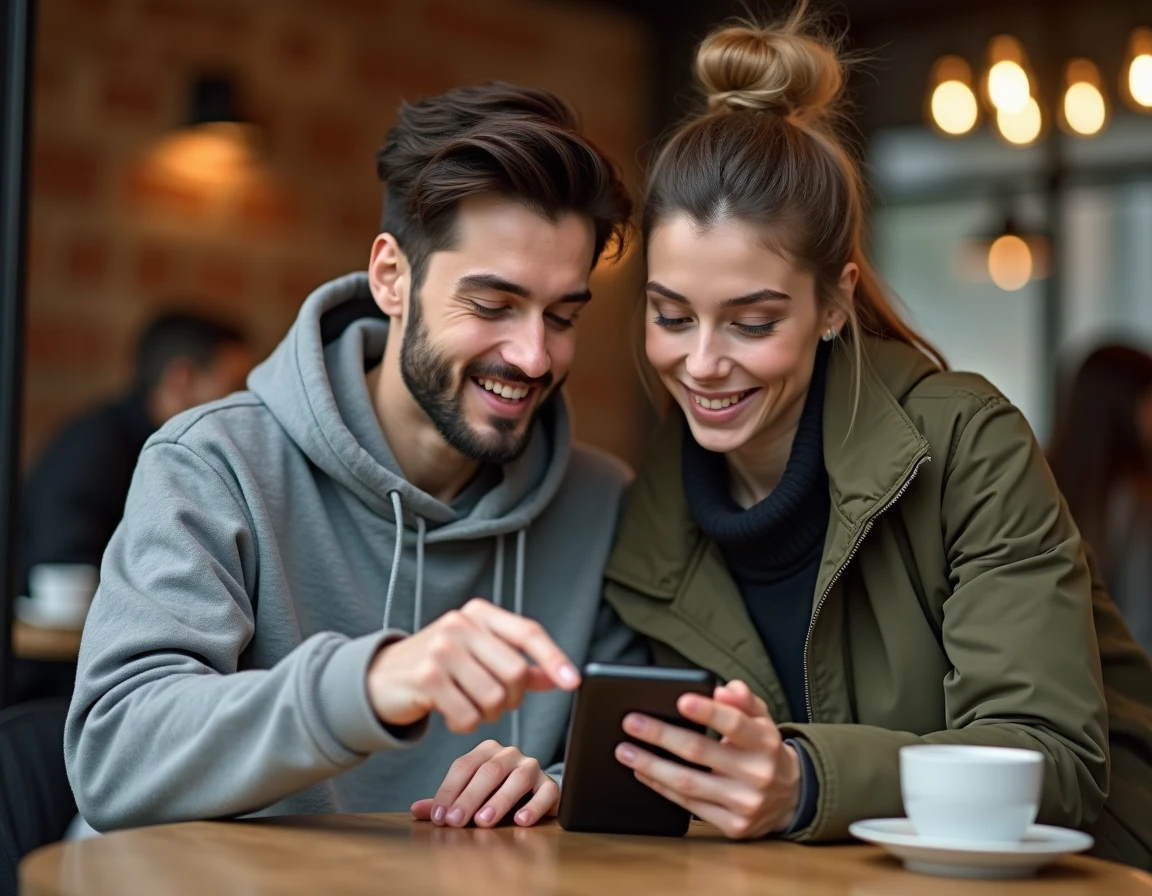 Deux jeunes professionnels découvrant les derniers gadgets high-tech et innovations technologiques autour d'un café