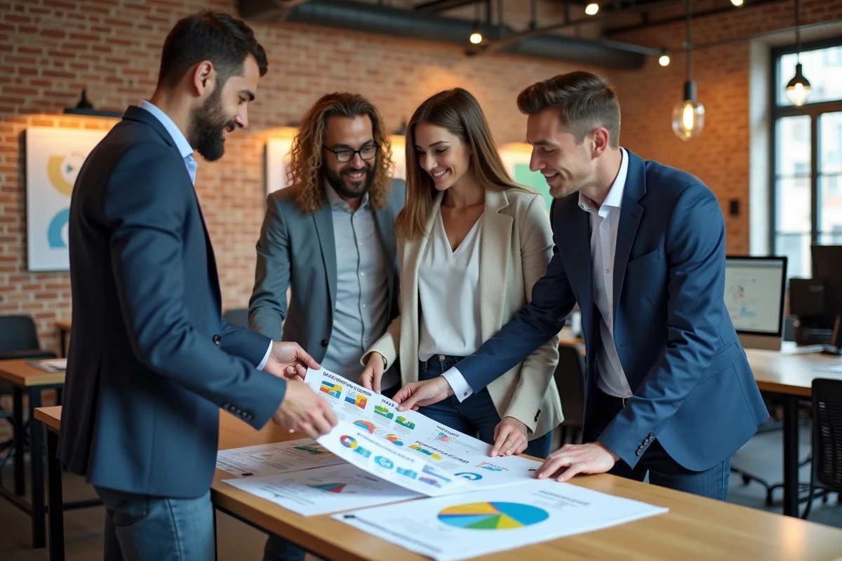Groupe de jeunes professionnels analysant des infographies dans un studio créatif