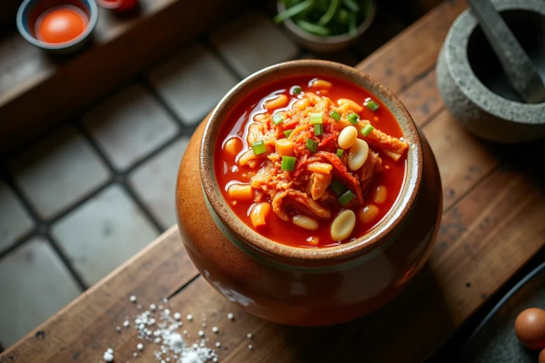 Bocal en céramique traditionnel rempli de kimchi frais avec chou, ail et piment rouge, posé sur une table en bois rustique dans une cuisine coréenne