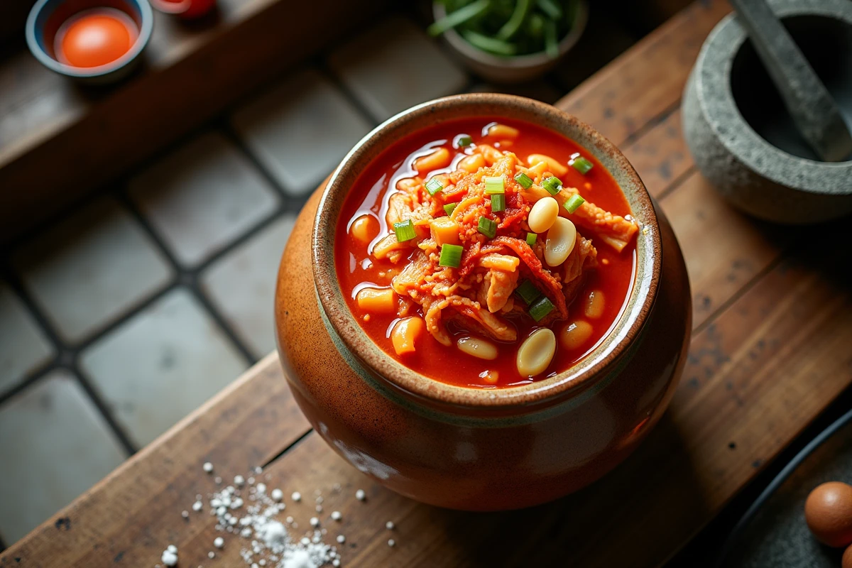 Bocal en céramique traditionnel rempli de kimchi frais avec chou, ail et piment rouge, posé sur une table en bois rustique dans une cuisine coréenne
