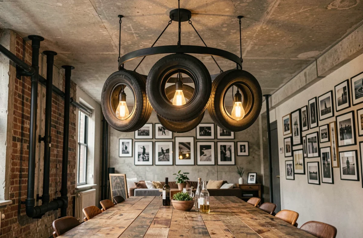 Lustre industriel de salon suspendu au plafond en béton, fabriqué avec des demi-pneus montés en couronne et équipé d'ampoules à filament dans un loft urbain.
