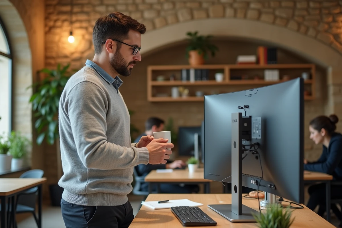 Homme consultant ses emails professionnels dans un espace de coworking à Aix-en-Provence avec architecture provençale