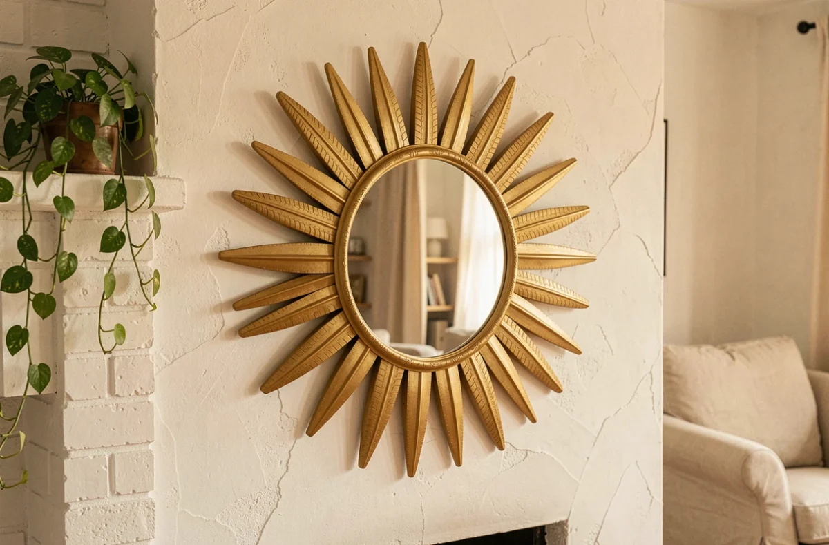 Miroir soleil décoratif fabriqué avec un pneu monté en couronne, un miroir rond central et des rayons découpés dans le caoutchouc peints en or mat, accroché sur un mur blanc.