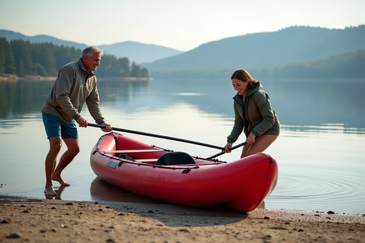 Deux adultes mettant à l'eau le kayak gonflable Sevylor Tahiti Plus depuis une plage de sable au bord d'un lac calme
