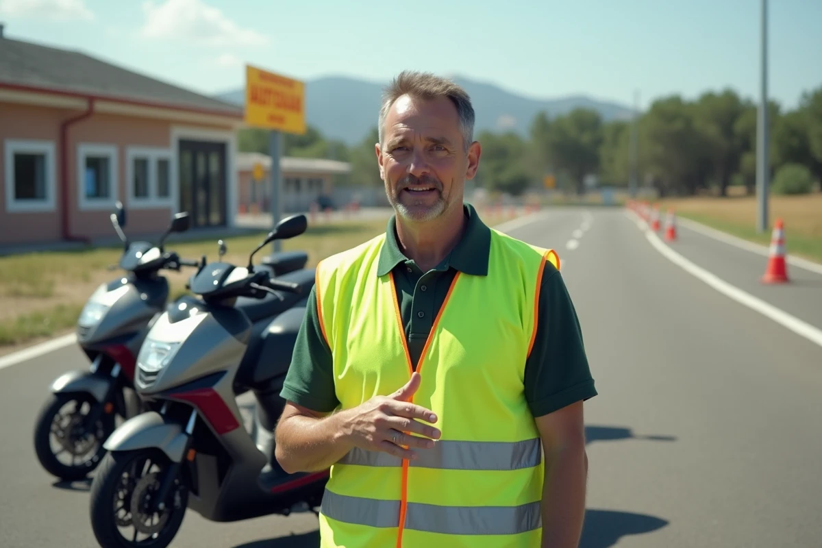 Moniteur d'auto-école expliquant les règles du permis 125 sur un circuit de formation en Espagne