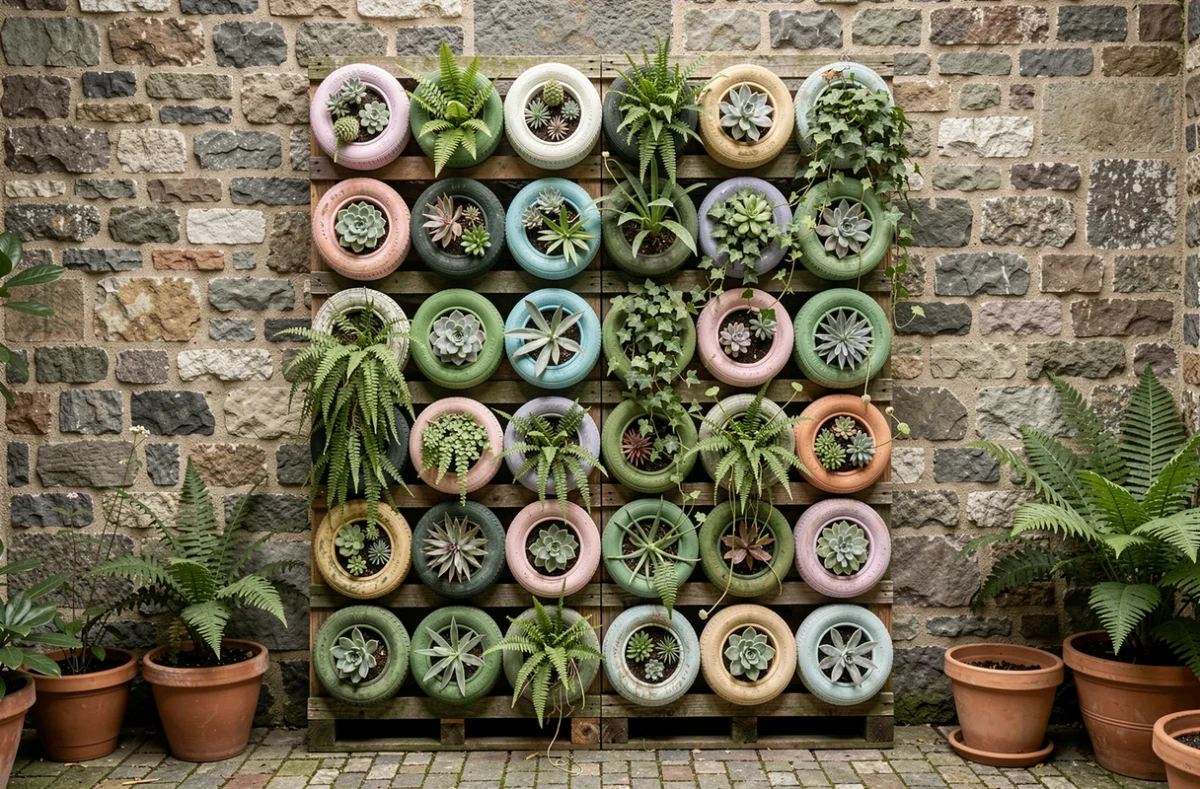 Mur végétal vertical composé de pneus peints en couleurs pastel montés sur une structure en palette, garnis de succulentes, fougères et lierres dans une cour pavée.