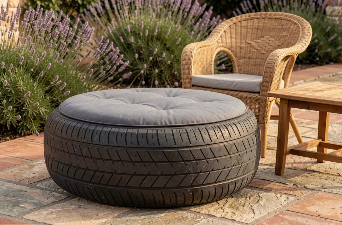 Ottomane rembourrée pour terrasse fabriquée à partir d'un pneu large recouvert de tissu d'extérieur gris anthracite capitonné, posée sur une terrasse en pierre naturelle.