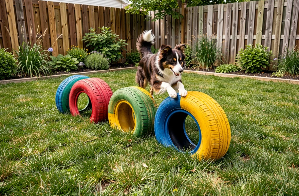 Parcours d'obstacles pour chien réalisé avec cinq pneus colorés partiellement enterrés dans le gazon, un border collie en plein saut à travers un pneu vertical dans un jardin clôturé.