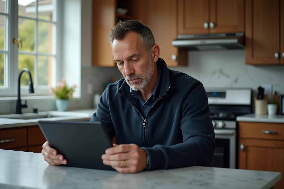 Père de famille consultant les images de surveillance sur tablette depuis sa cuisine