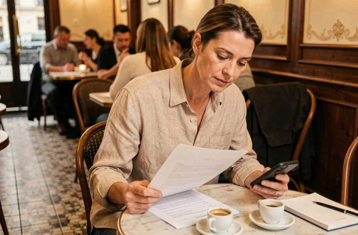 Personne examinant des documents légaux et son téléphone dans un café parisien, représentant la réflexion sur la légalité de la vente de contenu personnel en ligne selon la loi française