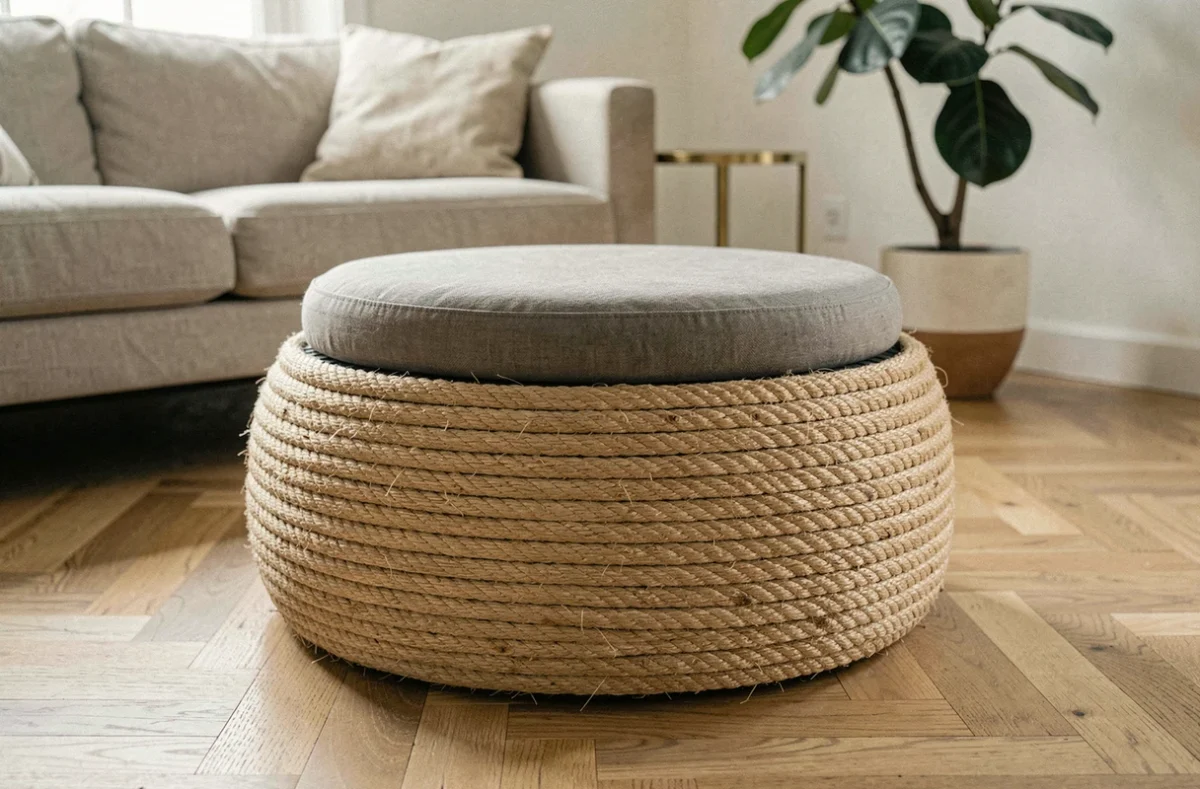 Pouf d'intérieur DIY fabriqué avec un pneu de voiture entièrement enveloppé de corde de jute naturelle, surmonté d'un coussin gris, posé sur un parquet en chêne clair.