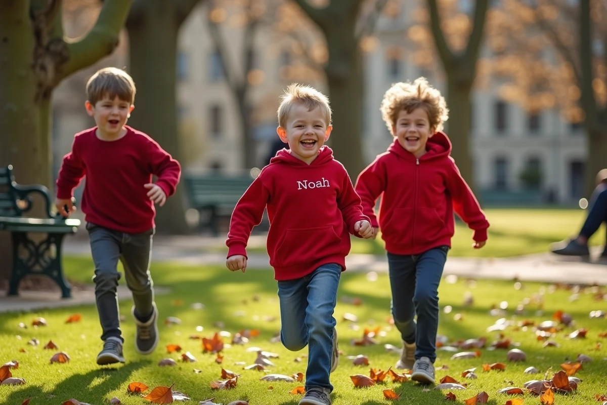 Groupe de jeunes garçons dont l'un s'appelle Noah jouant dans un parc public français en automne