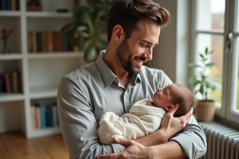 Jeune père français tenant dans ses bras un nouveau-né prénommé Noah, dans un appartement parisien chaleureux au style contemporain