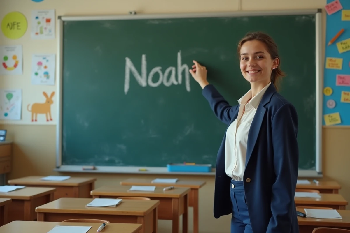 Institutrice française écrivant le prénom Noah au tableau dans une salle de classe d'école primaire