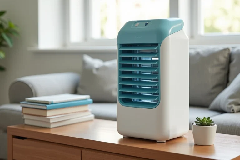 Rafraîchisseur d'air OneConcept Caribbean Blue posé sur un meuble en bois dans un salon moderne