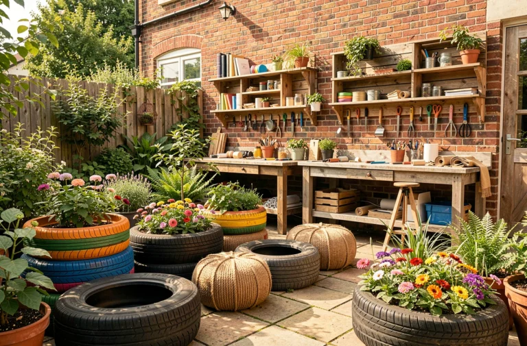Vue d'ensemble d'un atelier DIY extérieur présentant des décorations créatives fabriquées à partir de pneus recyclés, incluant jardinières, poufs et bordures fleuries dans un jardin verdoyant.